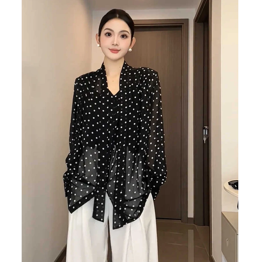 法式v领波点飘带长袖雪纺衬衫女夏季薄款微透高级感显瘦气质上衣