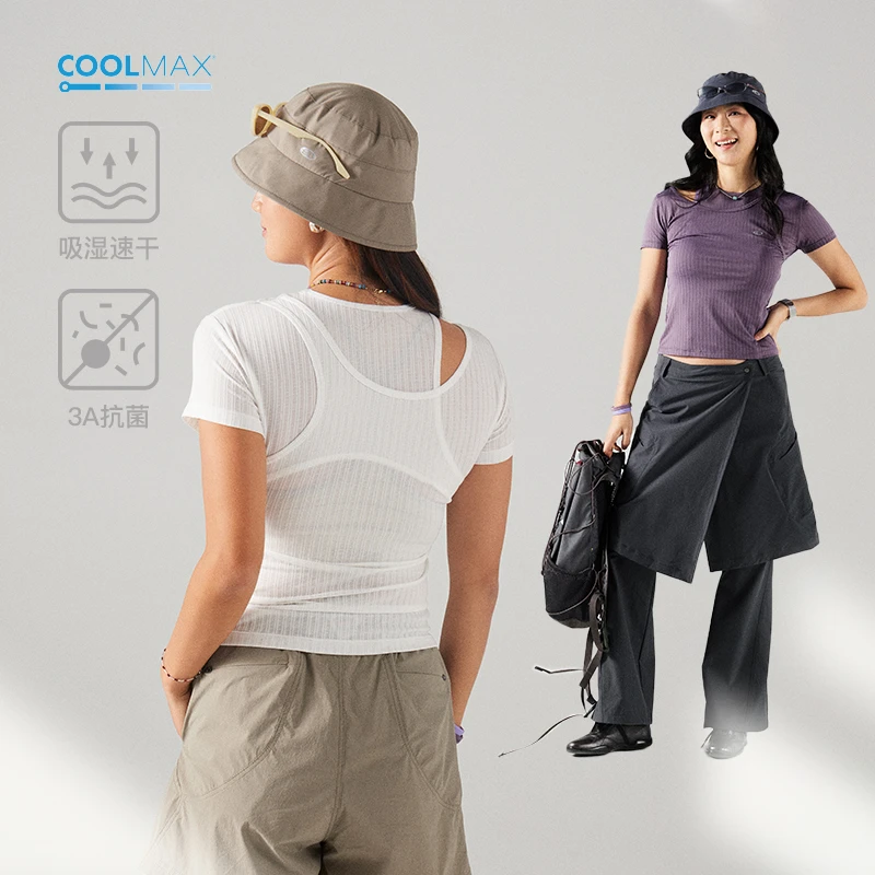 蓝岐后背网格肌理交叠结构T恤COOLMAX吸湿速干修身显瘦抗菌短袖女