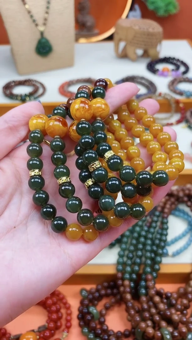 未镶嵌蜜蜡手链单圈蜜蜡和田菠菜绿手串