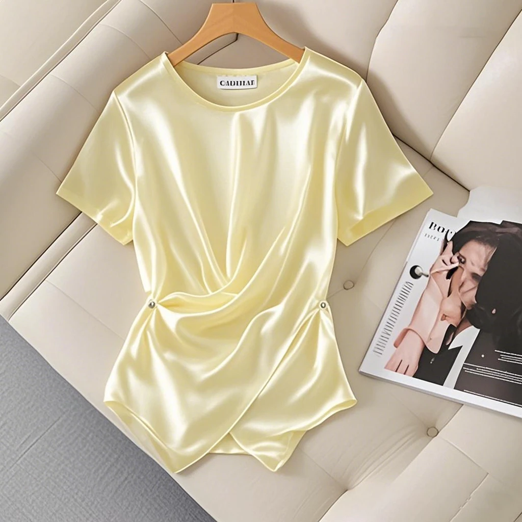 时尚气质不规则下摆收腰短袖T恤夏季新款设计感小众圆领上衣女装