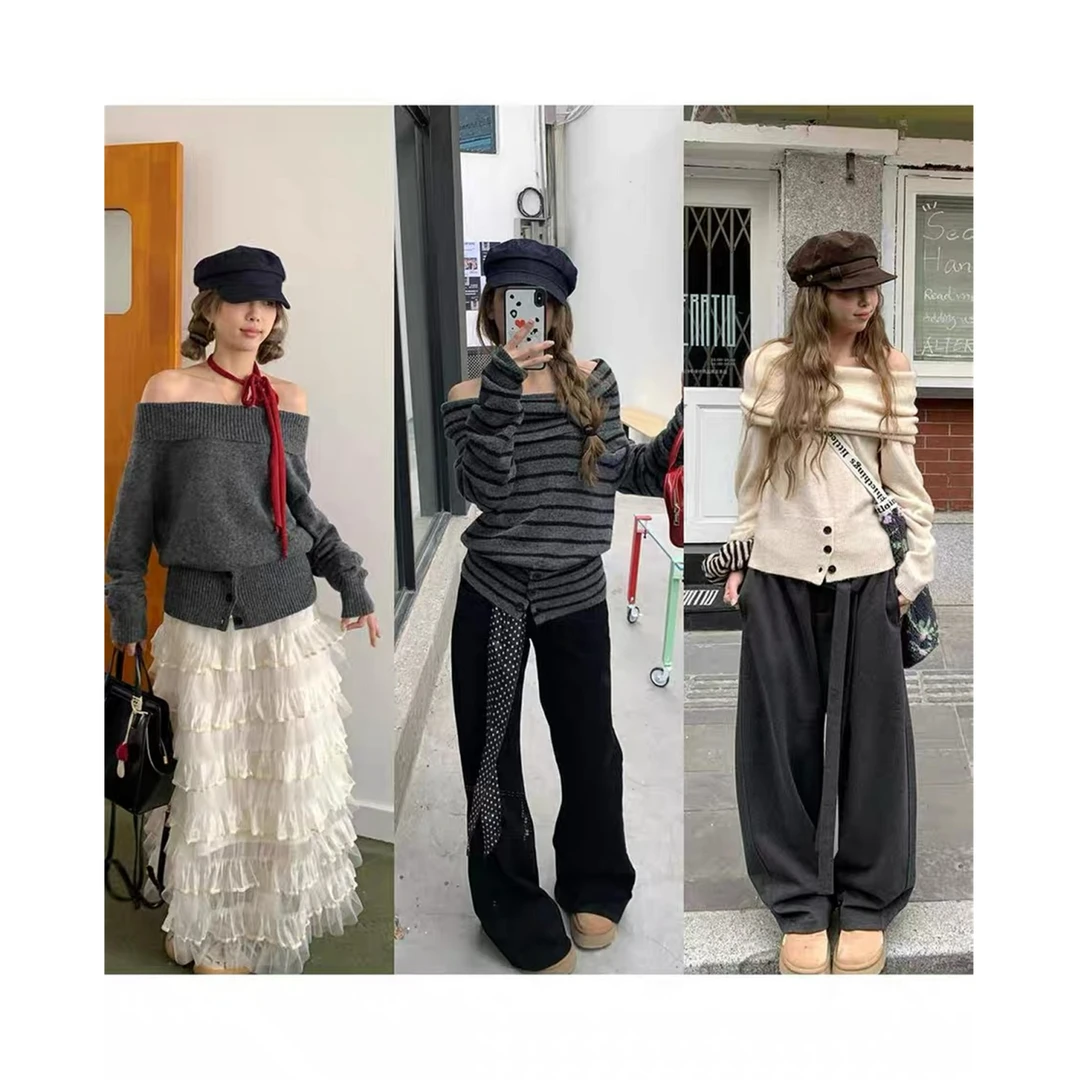 【姐系上衣】韩系设计高级感显瘦百搭保暖上衣一字领毛衣592339