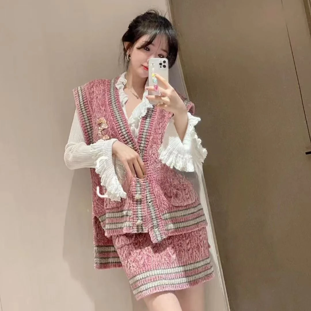 未使用 Chanel/香奈儿 针织排扣无袖开衫 粉色/36