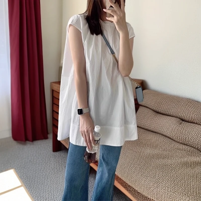 休闲显瘦chic设计感小众圆领白衬衫女夏新款宽松韩版简约无袖上衣