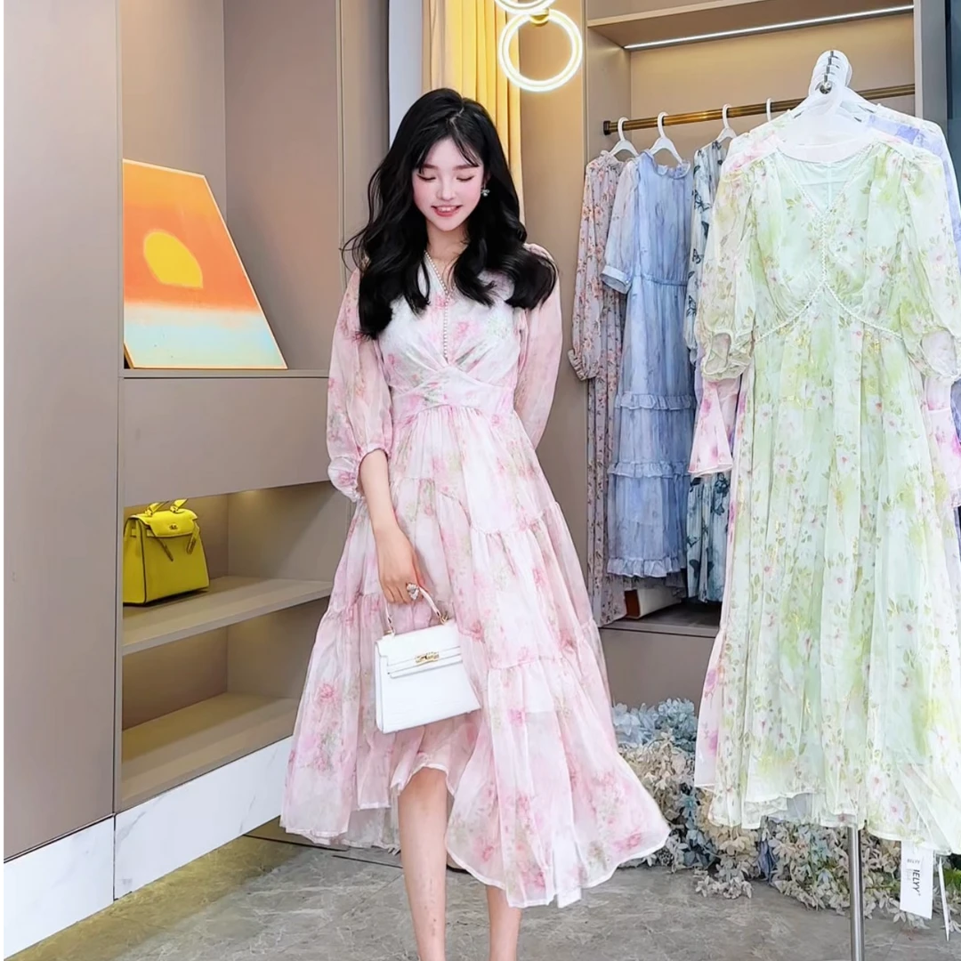 【油画少女】V领灯笼袖连衣裙夏季设计感气质初恋小众收腰甜美印花