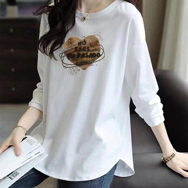 打底衫女春秋不规则弧形下摆宽松大码长袖t恤白色中长款上衣洋气