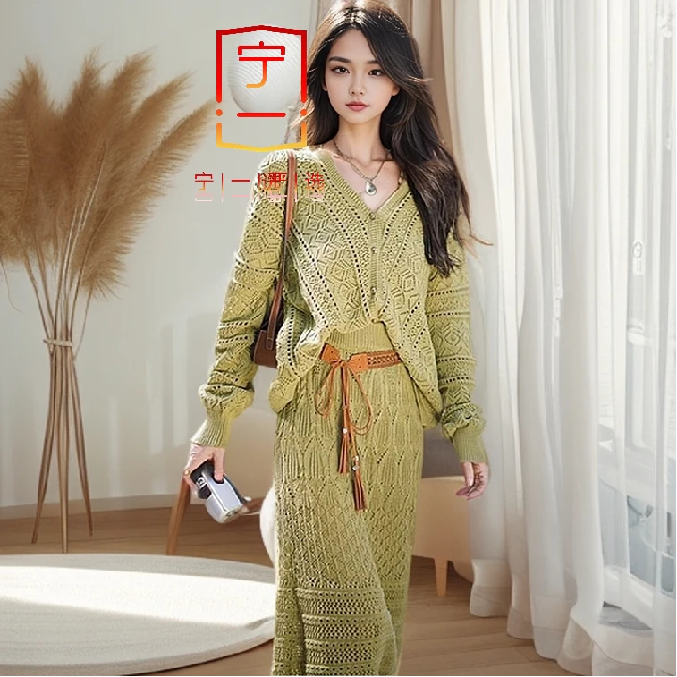 【宁一生活】镂空半身裙套装针织开衫半裙春秋季新款棉线休闲气质女