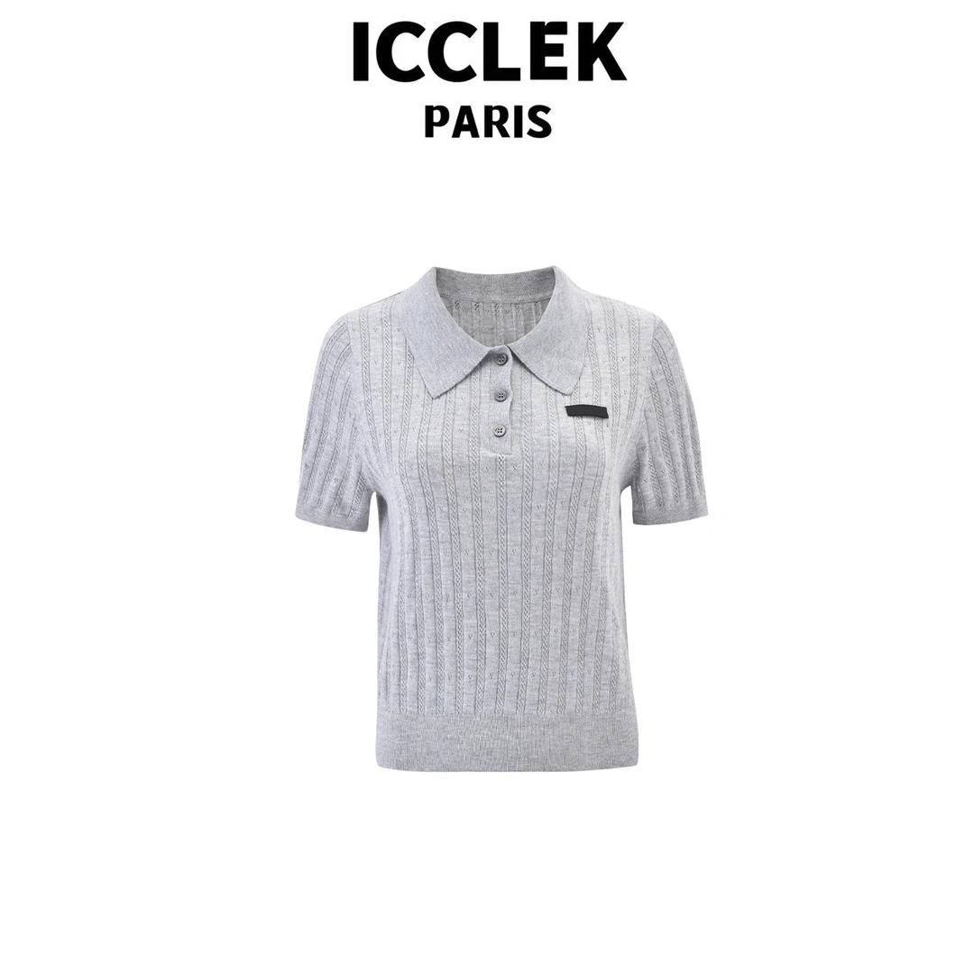ICCLEK 夏季灰色竖条显瘦翻领POLO领修身学院风短袖针织 -7065