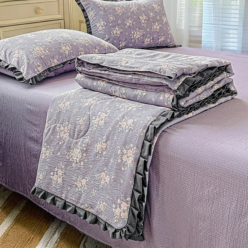 新款赫本风花边夏被四件套木棉皱皱纱床单床笠经典枕套被罩家用亲