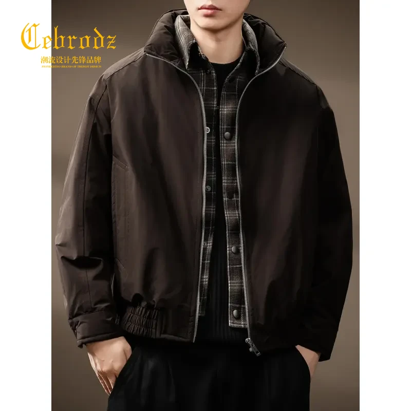 法国Cebrodz2025新款假两件羽绒服男冬保暖鸭绒外套格子拼接夹克