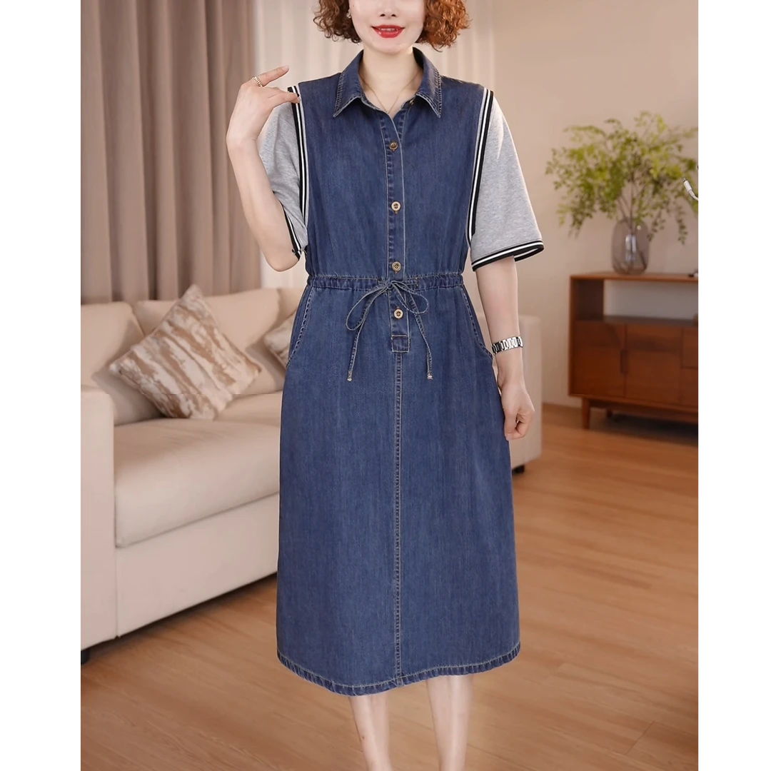 【定制】显瘦牛仔连衣裙女夏季薄款大码气质收腰遮肚子藏肉拼接裙子