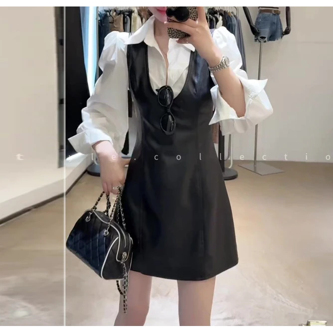 学院风气质两件套女泡泡袖翻领衬衫女收腰显瘦吊带皮衣短裙套装潮