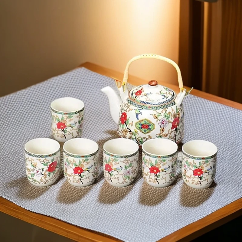 鸟语花香提梁壶茶杯高端茶壶茶具（一壶六杯）2102