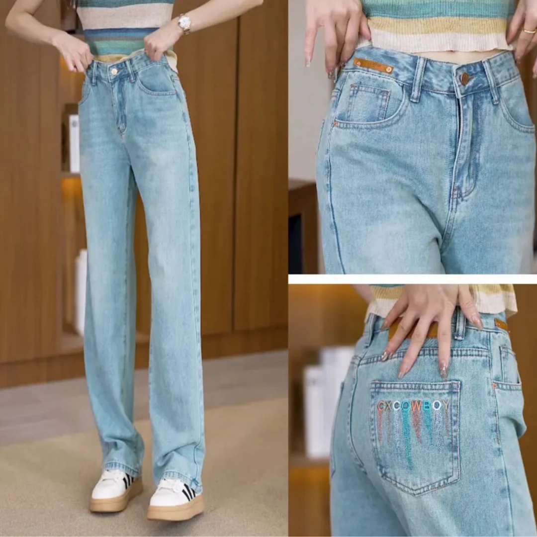 浅蓝色刺绣阔腿牛仔裤女2025春夏新款小个子高腰显瘦窄版拖地裤子