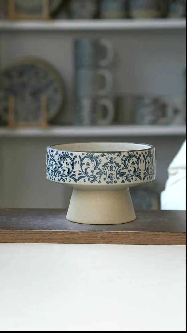 陶粗陶手绘鸢尾高足甜品碗13cm@7-7@