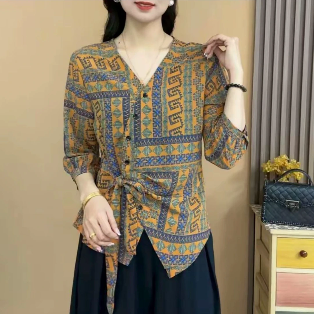 2025夏季新款时尚不规则洋气七分袖气质百搭V领显瘦开衫上衣25819