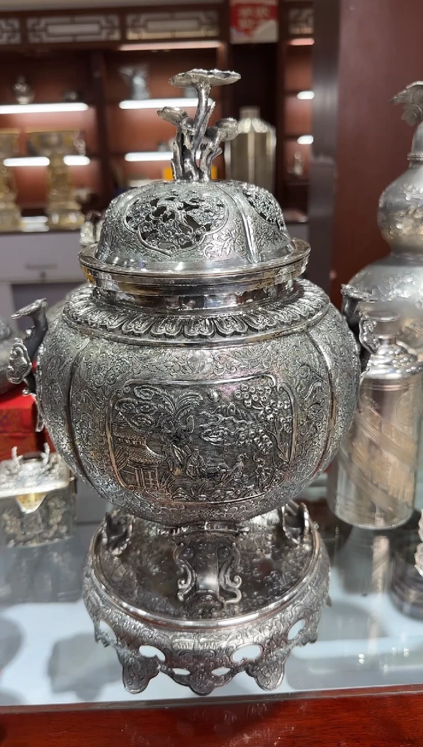 铜*韵足银精工手工福禄寿喜四足鏨刻香炉