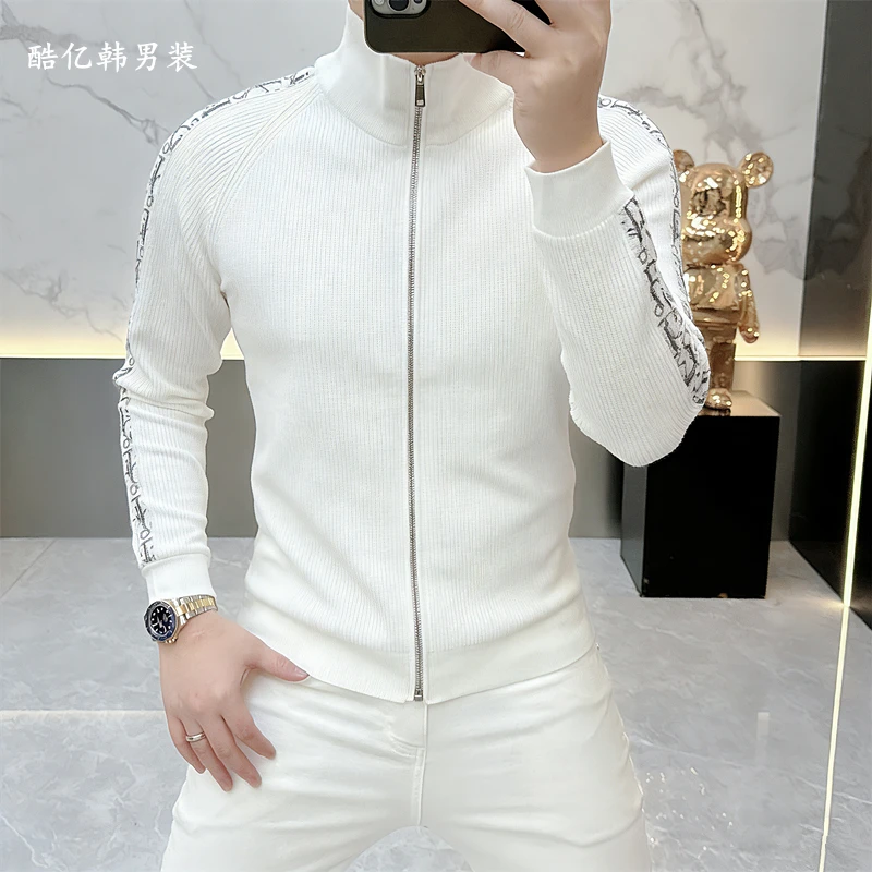 秋冬新款潮牌针织开衫外套男高领高端修身时尚翻领毛衣印花潮8298