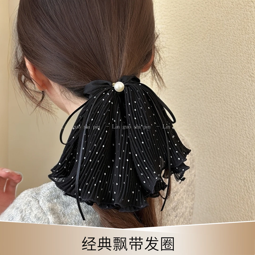 洋气网纱少女褶皱波点大肠圈双层布艺芭蕾风飘带发绳新款马尾头绳