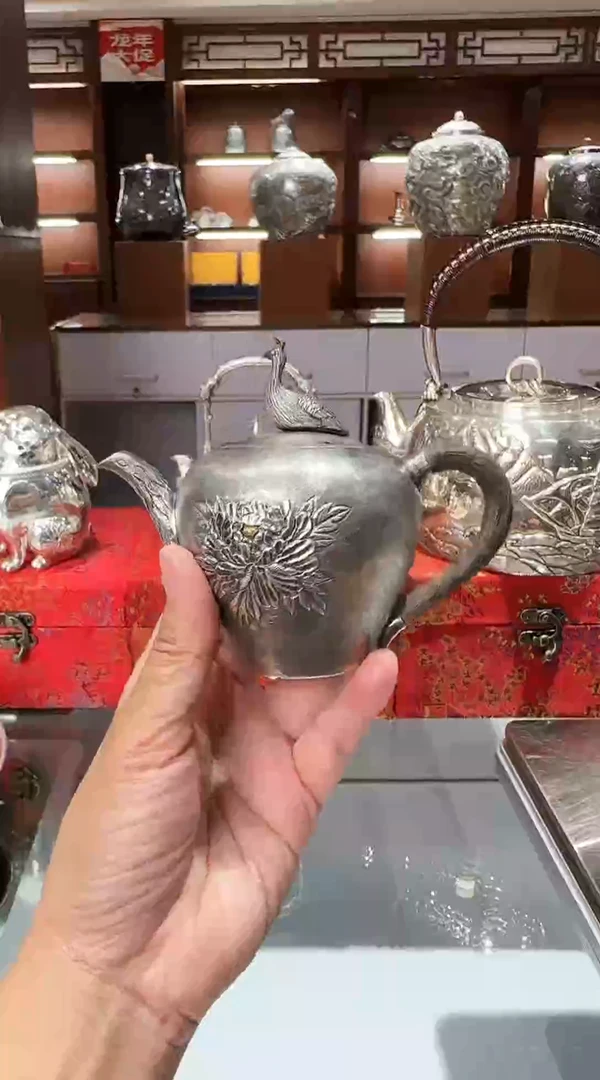 足银999精工手工孔雀牡丹泡茶壶