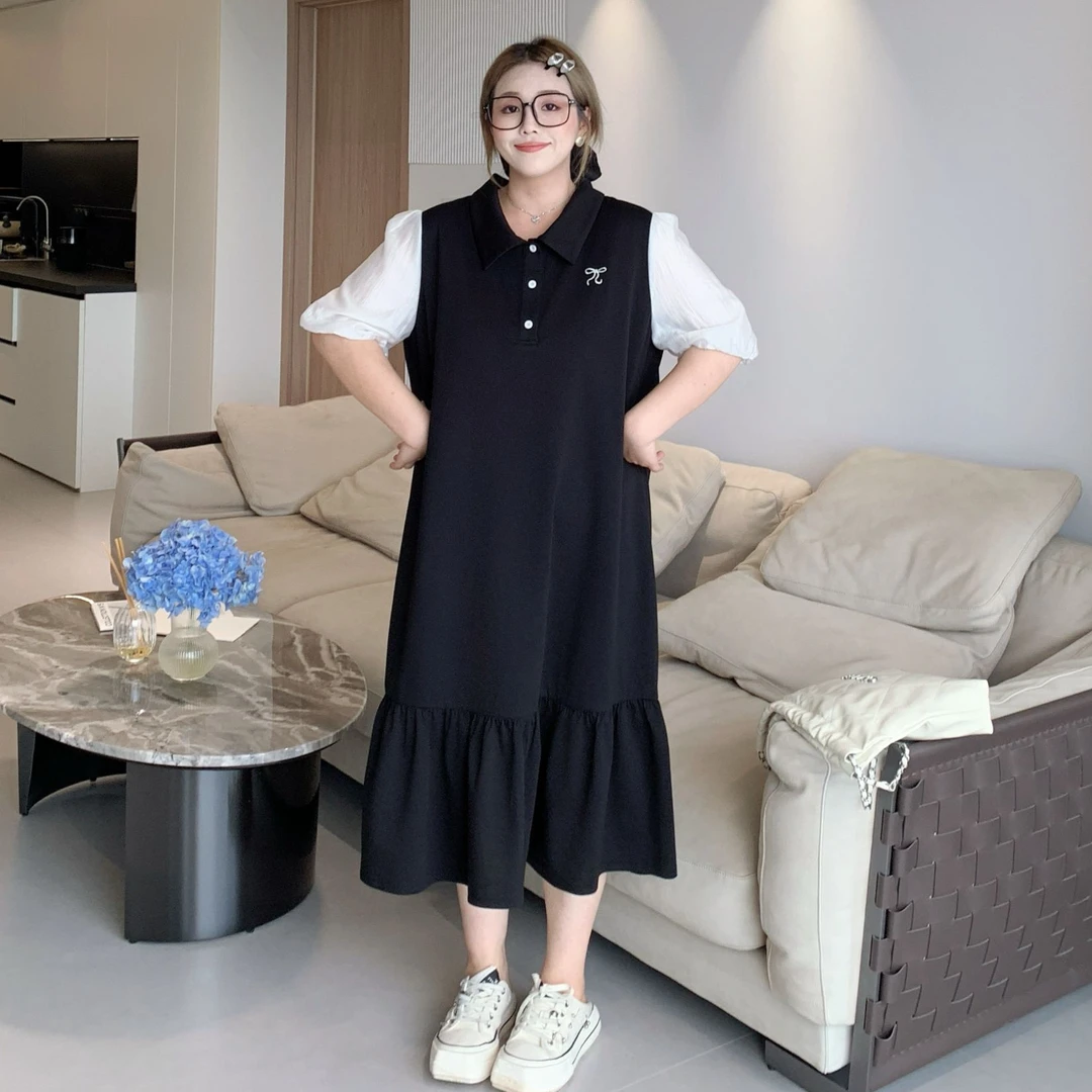 媛子大码蝴蝶结刺绣撞色鱼尾裙通勤高级感2025夏季新款气质连衣裙