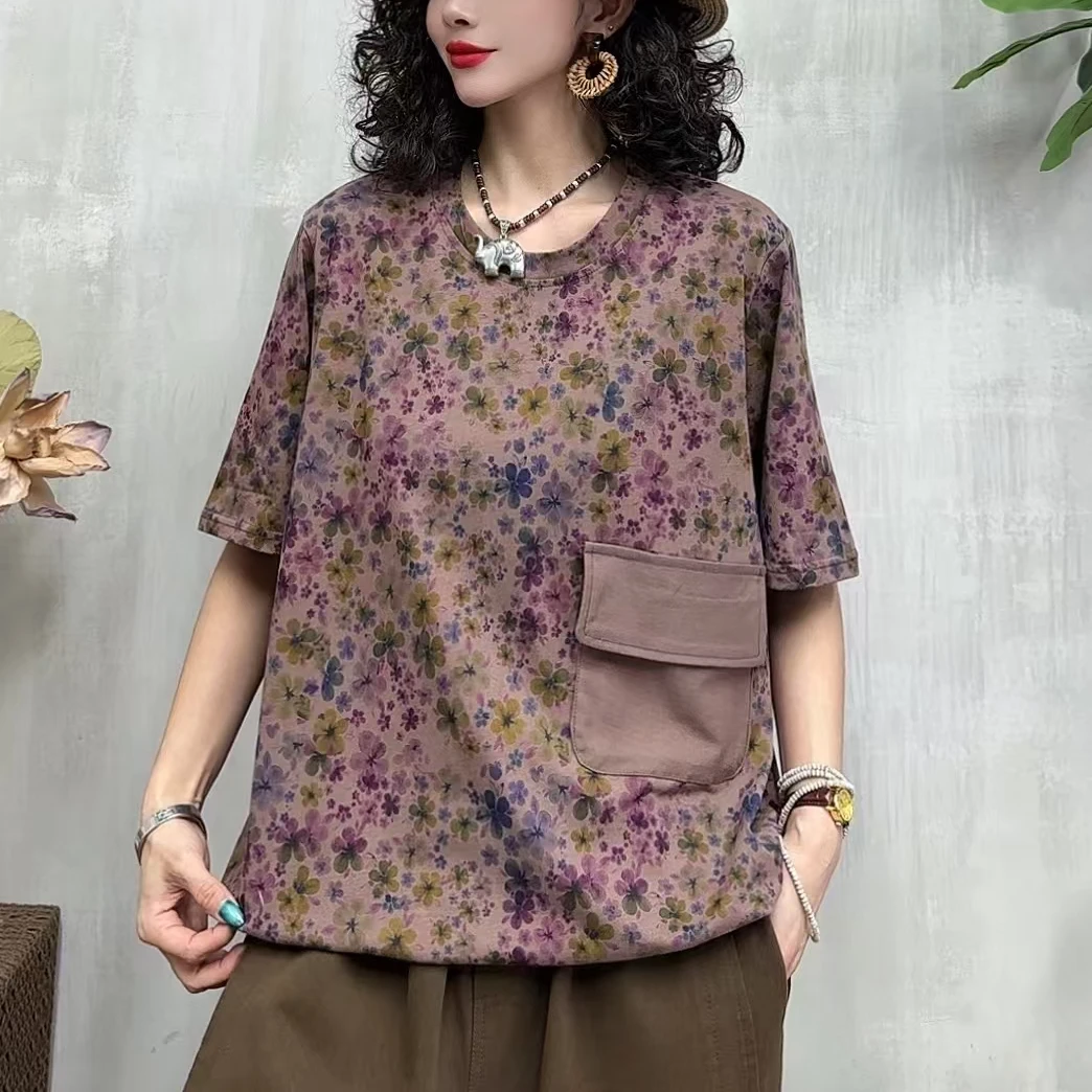 9074新款夏季休闲减龄宽松显瘦碎花印花T恤