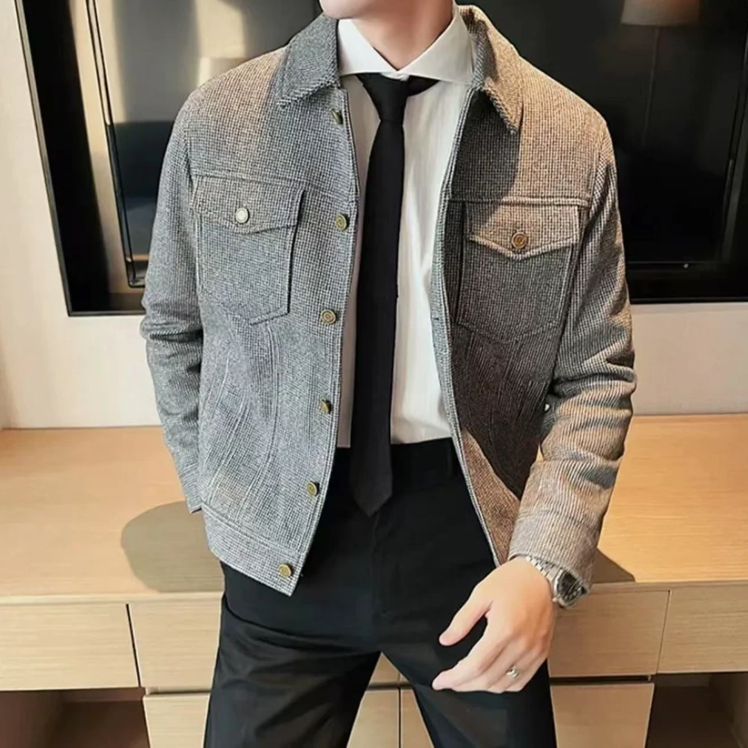 男士春冬千鸟格毛呢工装翻领夹克外套休闲商务新款