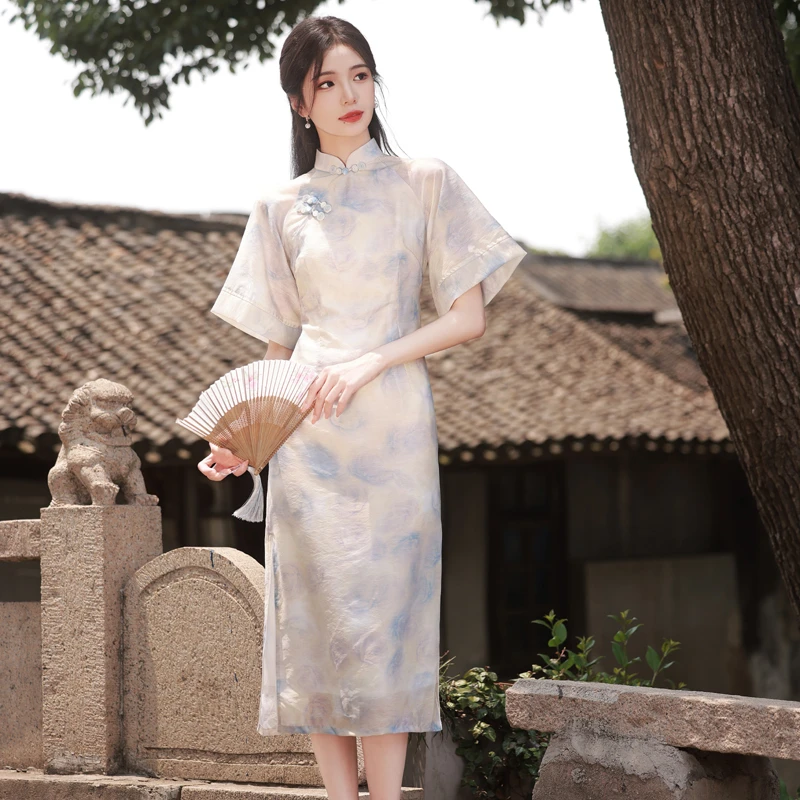 【梦幻花夏】2025新款丝麻夏季显瘦气质修身双层少女旗袍 衣长115