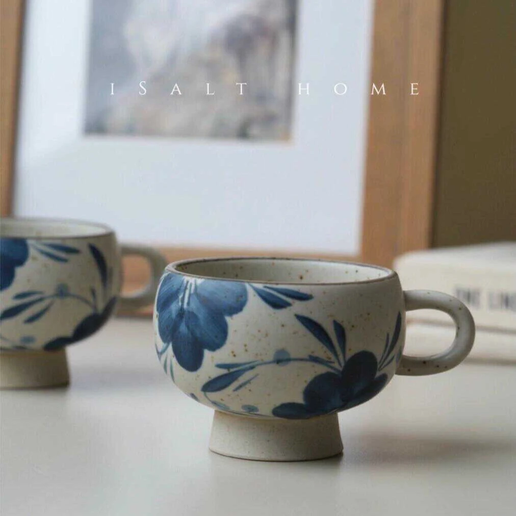 七里香高足蛋杯.粗陶手绘青花咖啡杯陶瓷拉花杯国风喝水杯牛奶杯