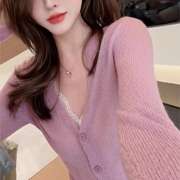 2025秋冬新款洋气时尚女人味毛衣花边长袖v领针织衫W1-70