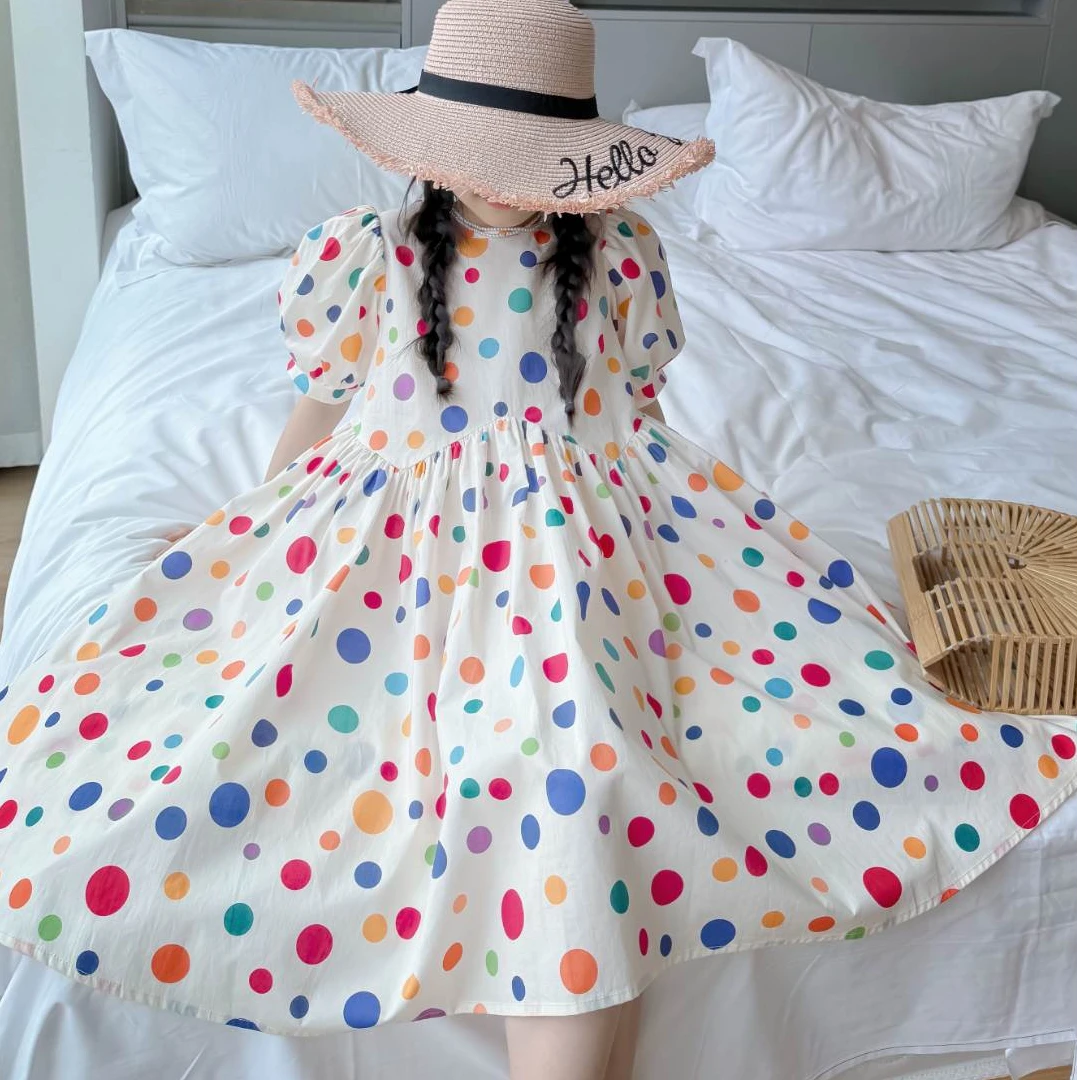 2025新款夏季中大童女童彩色波点连衣裙泡泡袖韩版甜美洋气连衣裙