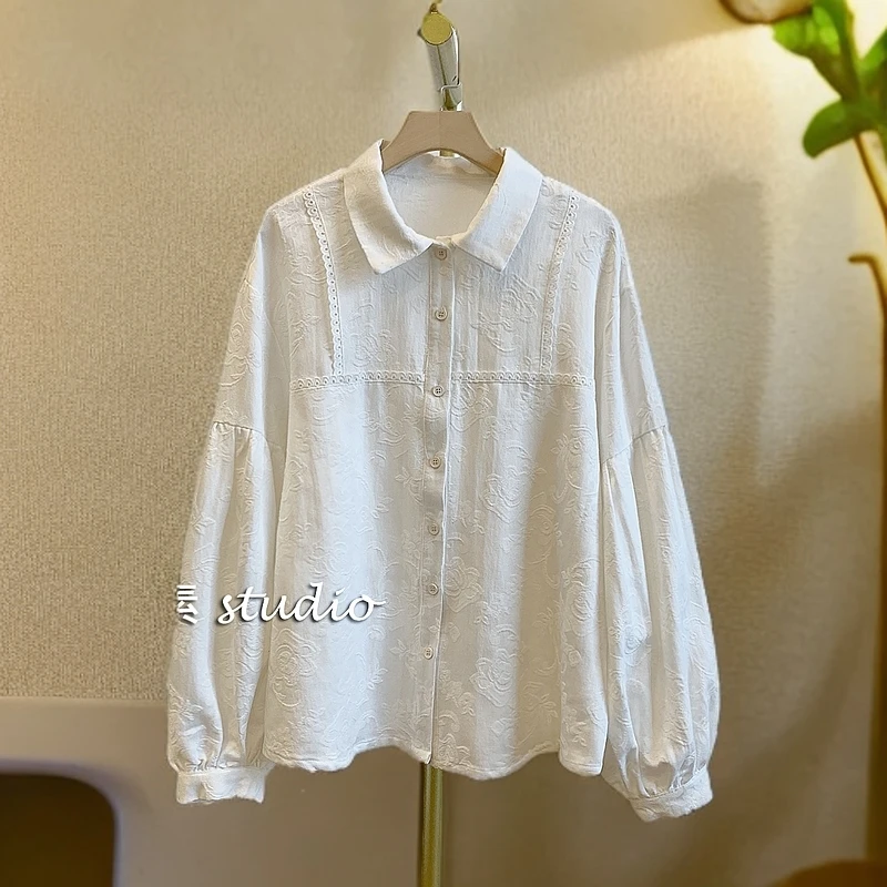 【白蔷薇】M9602提花蕾丝边全开扣翻领衬衫