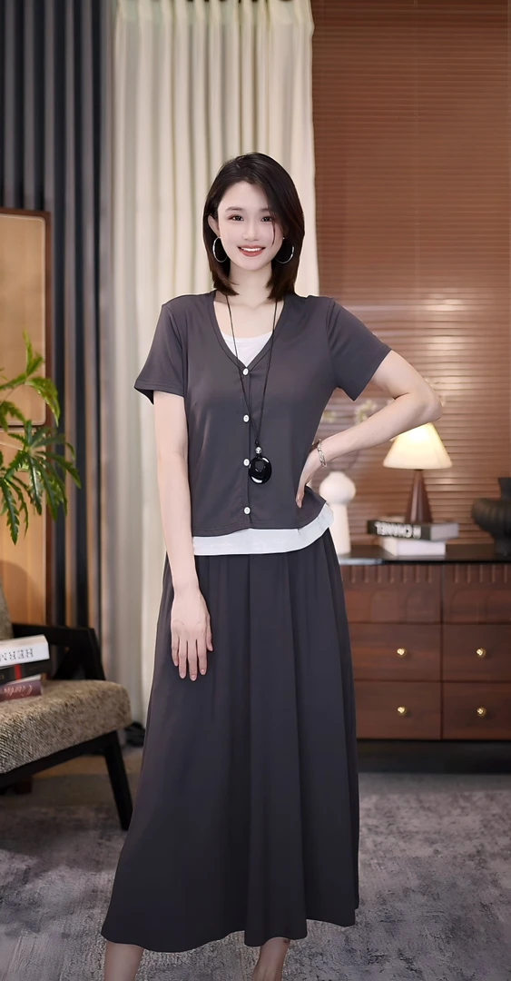 丹宁风轻熟风时尚套装长裙上衣法式衬衫女装小众时尚