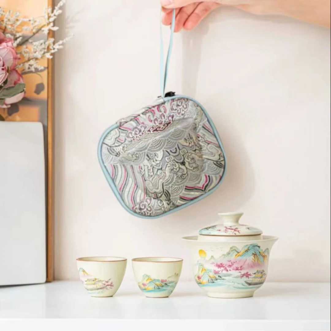 落日余晖一壶两杯快客杯带刺绣收纳包户外便携式旅行茶具