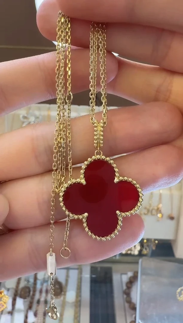 18K金镶嵌项链玛瑙/玉髓26mm红花项链90cm长