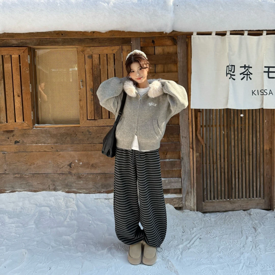 2025秋冬学院风新款开衫连帽毛衣上衣针织毛领毛衣外套