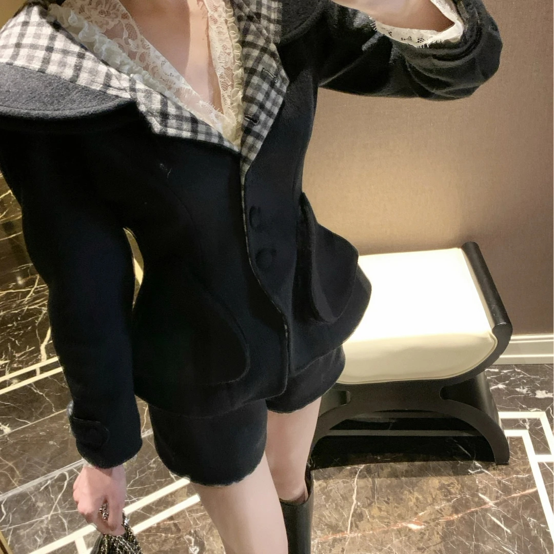 维斯小姐 [甜蜜特工] 减龄少女格纹连帽显瘦收腰小个子羊毛呢套装