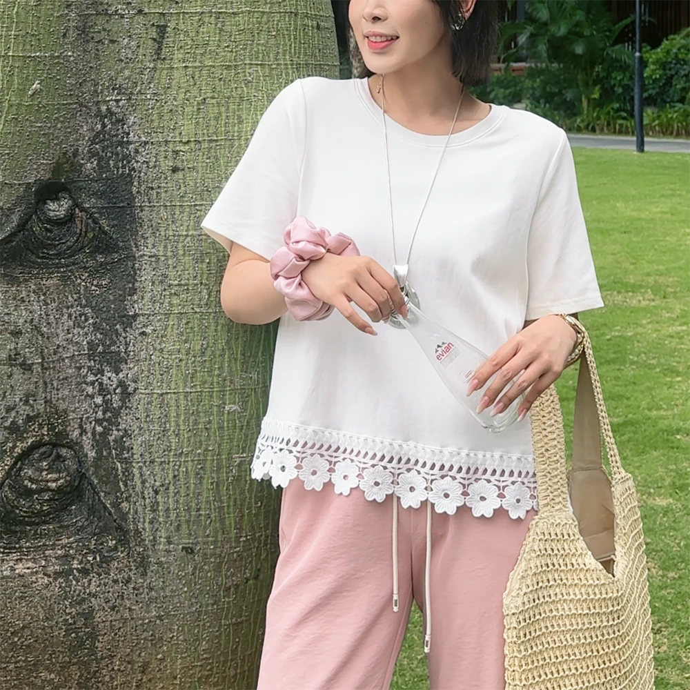 【夏上新】胖mm显瘦宽松蕾丝边短袖T恤上衣200斤加大码女装_513-GN4