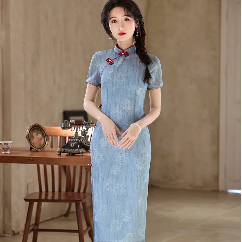 蓝色提花花盘扣气质中式中长款印花优雅修身民国风复古文艺
