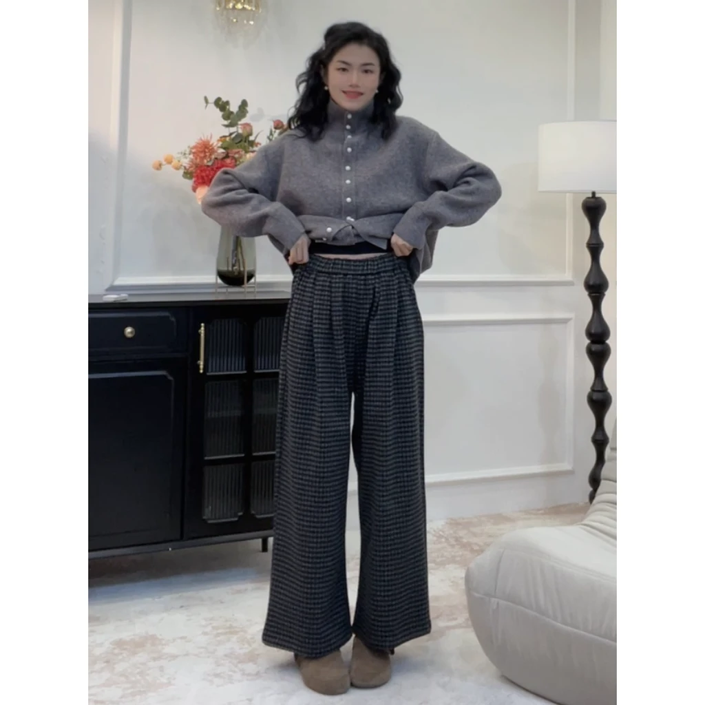 韩系百搭毛呢格子裤2024年秋冬新款加绒高腰显瘦阔腿裤LY