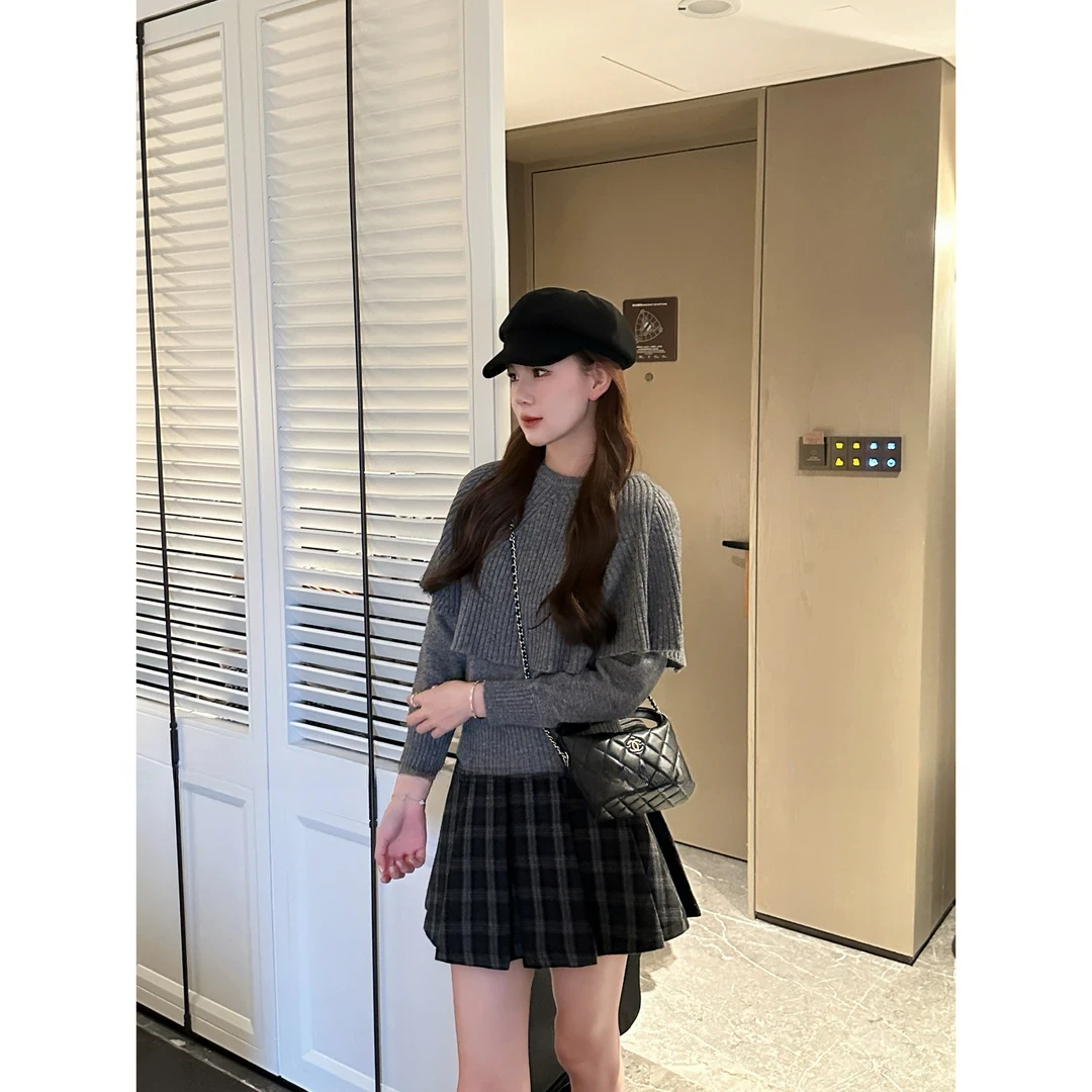 韩系洋气温柔风针织毛衣小斗篷长袖假两件显瘦时尚百搭上衣H9-61