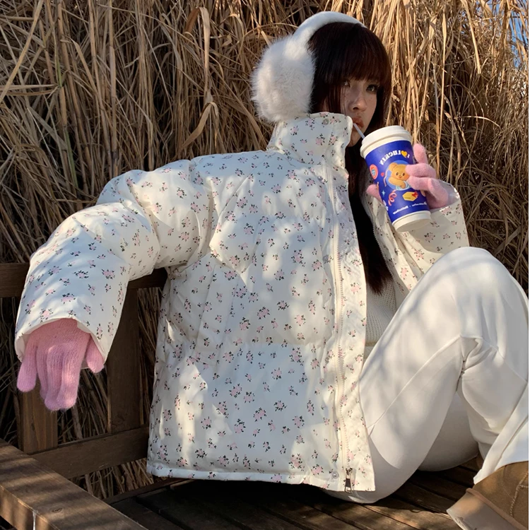 甜美韩系碎花棉服棉衣短款2024冬季新款百搭棉袄加厚保暖夹棉外套