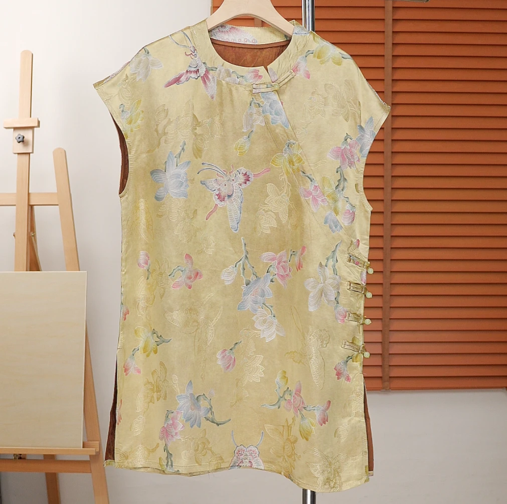 常规立领宽松型新中式修身型T恤提花女士无袖百搭