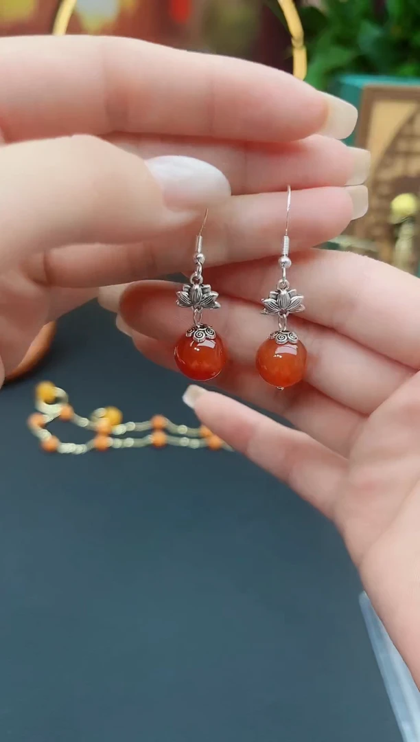 南红玛瑙银S925镶嵌耳饰718