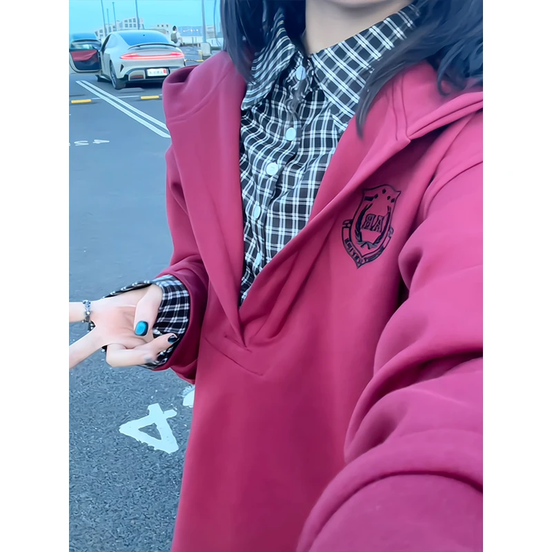 酒红色美式假两件连帽卫衣男女秋季格子衬衫拼接设计感情侣外套潮