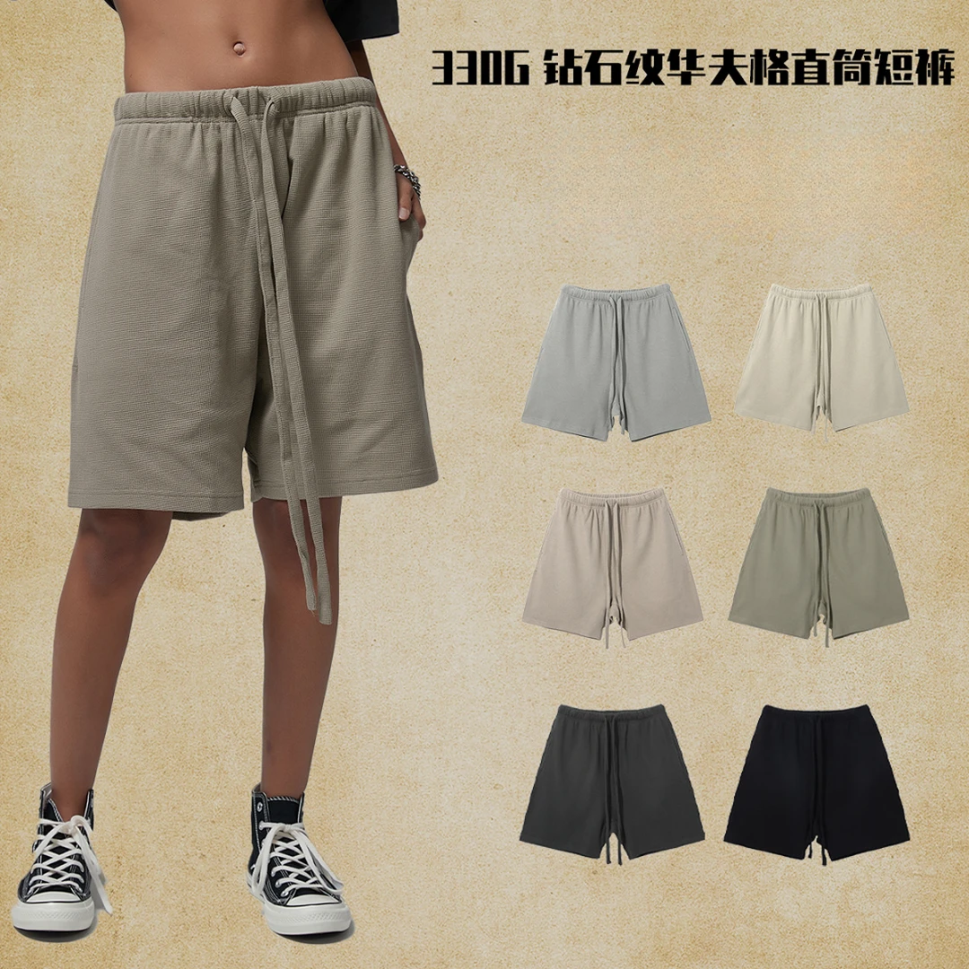 春夏新品钻石纹330g华夫格纯棉男短裤高端潮牌透气抽绳直筒短裤男