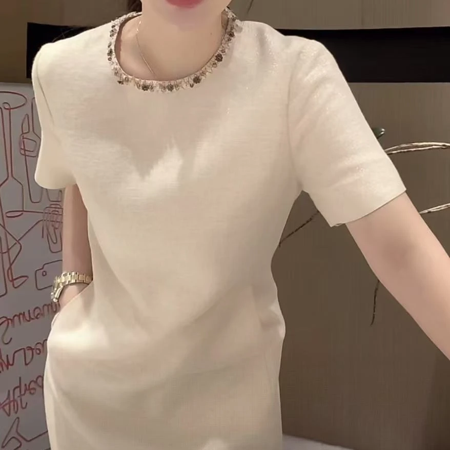 彩色钉珠小香风亚麻连衣裙2025夏季高级时尚气质感亮丝显瘦裙子