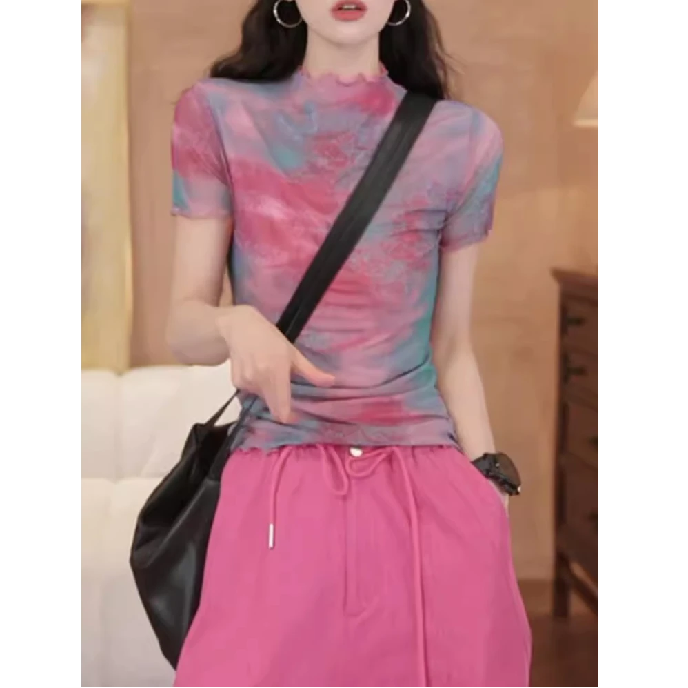 夏季扎染木耳边时尚印花网纱T恤2025新款薄款修身显瘦半高领上衣