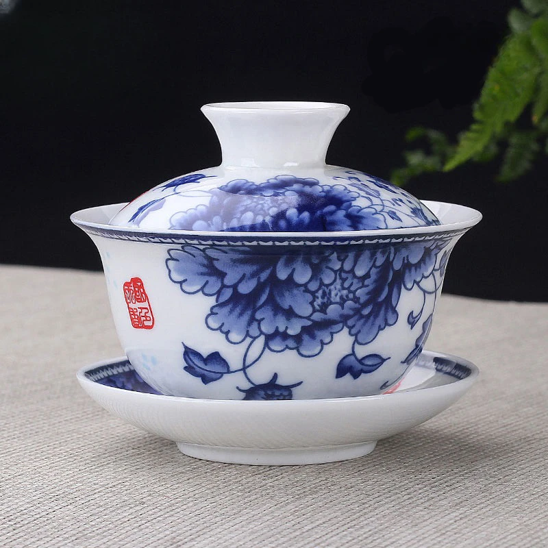 三才盖碗带盖泡茶杯单个泡茶碗功夫茶具小号迷你陶瓷白瓷套装桃花