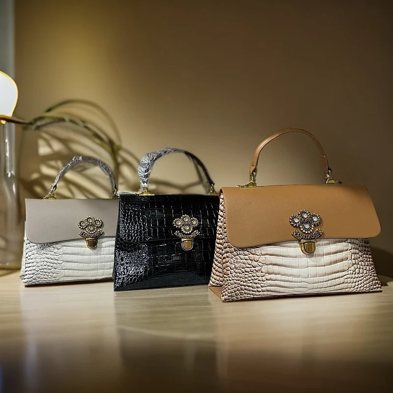 正品轻奢真皮高级质感鳄鱼纹通勤包女手提单肩斜挎包包女