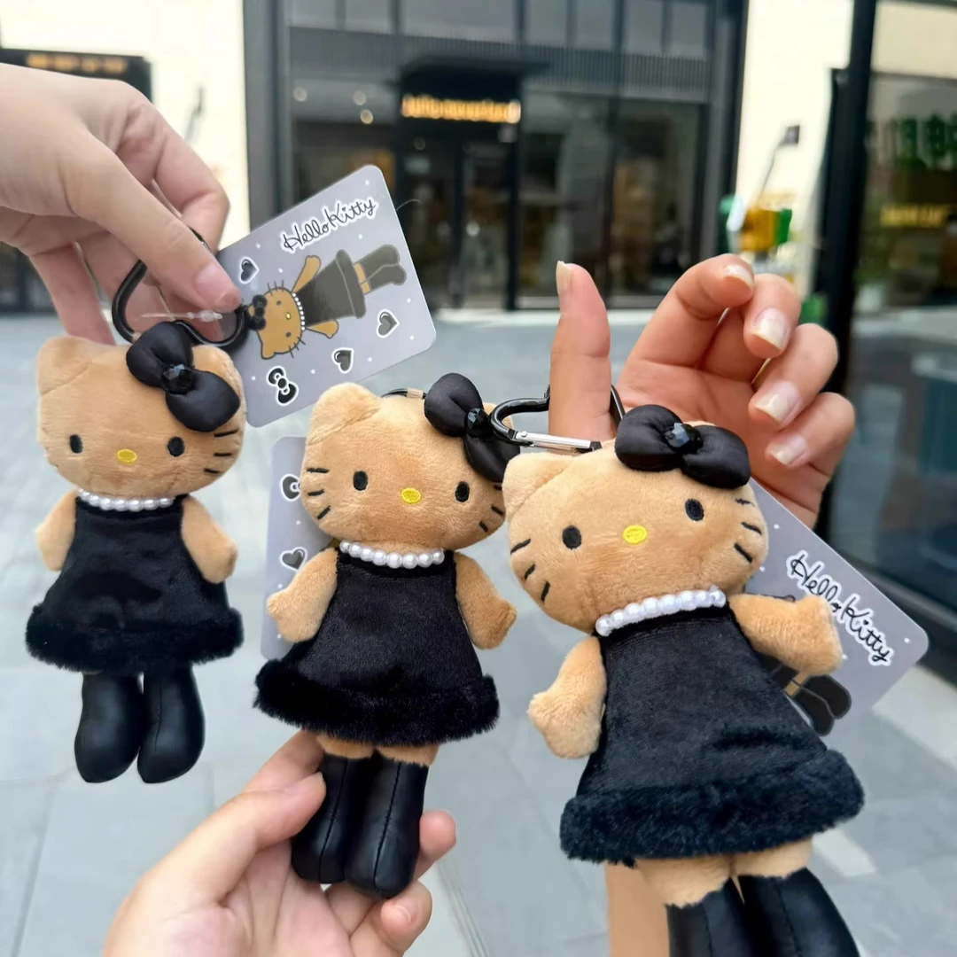 日本NIC长腿豹纹黑皮Kitty毛绒挂件可爱kt猫爱心扣书包挂饰钥匙扣
